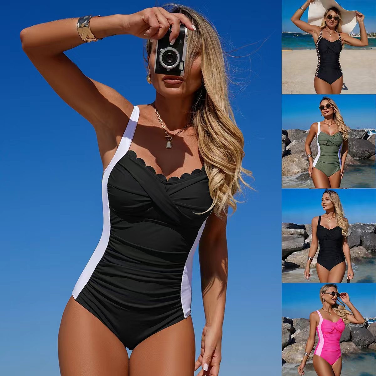 Black Swimsuit Scalloped Neckl - Swimsuit One Piece recensione e prezzo